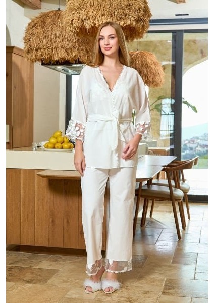 25546 Kadın Krem Sabahlıklı % 100 Pamuk 3'lü Pijama Takımı modelleri