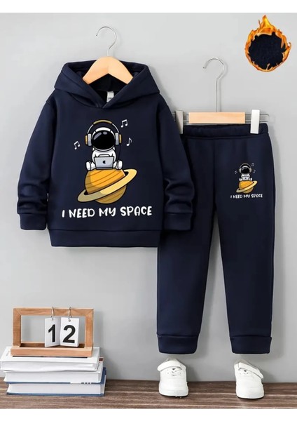 Uzay Astranot Temalı Lacivert Kız Erkek Uniseks Çocuk Eşofman Takımı Beli Lastikli Rahat 5 6 7 8 9 10 11 12 Yaş