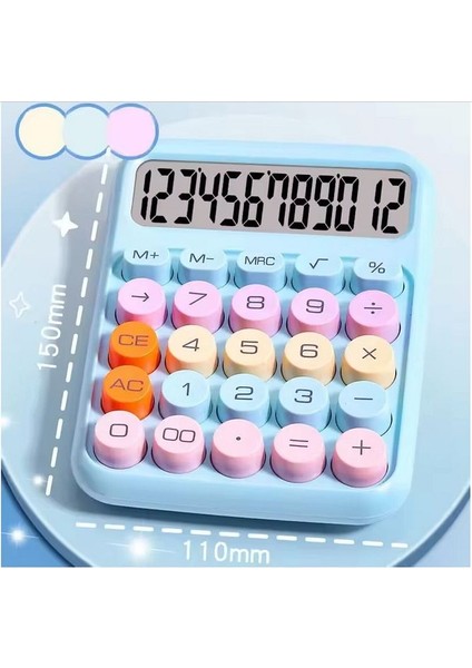 12 Haneli Geniş LCD Ekran Yuvarlak Düğme Sevimli Şeker Renkli Hesap Makinesi Mavi
