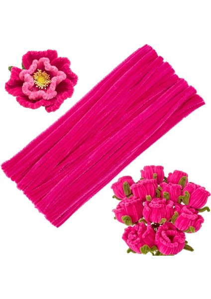 Fuşya Renkli Şönil, 25 Adet Koyu Pembe Eğitici Şönil Seti, Tüylü Tel, 30 Cm, Peluş Tel