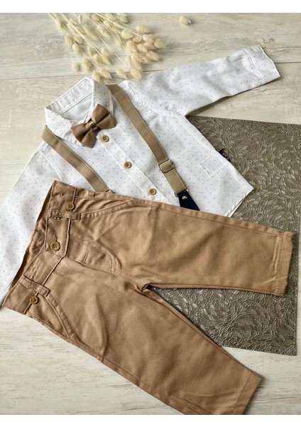 Fukukumbaby Salopetli Papyonlu 4lü Erkek Bebek Takım Kahverengi