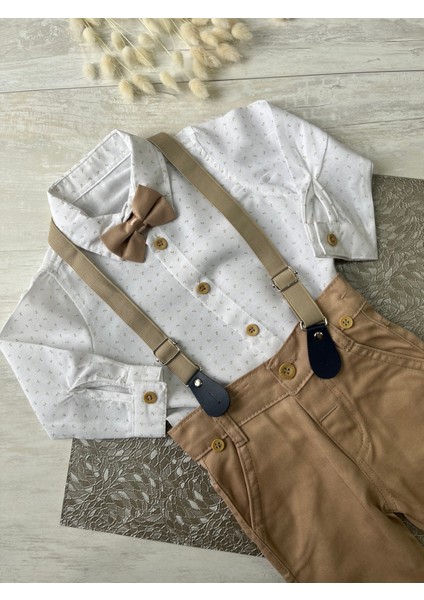 Fukukumbaby Salopetli Papyonlu 4lü Erkek Bebek Takım Kahverengi fırsatları