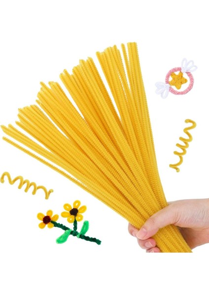 Sarı Renkli Şönil, 25 Adet Eğitici Şönil Seti, Tüylü Tel, 30 Cm, Peluş Tel