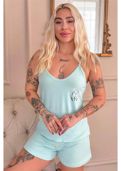 Aqua Belle Fleur Desenli Örme Ip Askı Şortlu Kadın Pijama Takımı