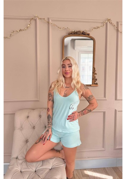 Aqua Belle Fleur Desenli Örme Ip Askı Şortlu Kadın Pijama Takımı modelleri