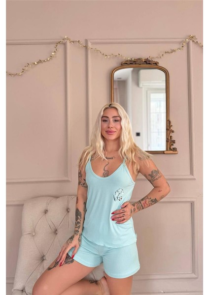 Aqua Belle Fleur Desenli Örme Ip Askı Şortlu Kadın Pijama Takımı fırsatları