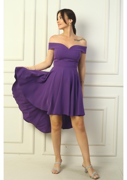 Kadın Madonna Yaka Ön Kısa Arka Uzun Astarlı Kloş Krep Kısa Elbise