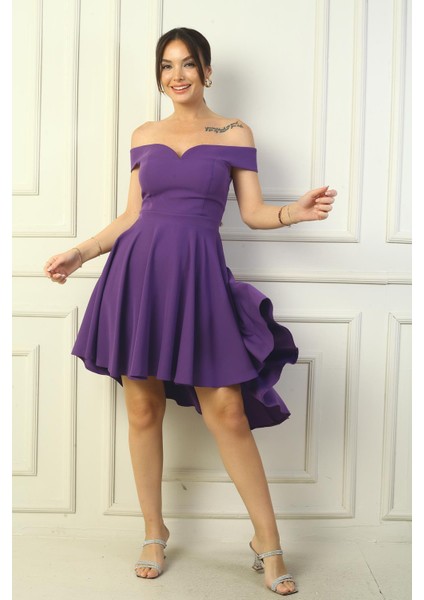 Kadın Madonna Yaka Ön Kısa Arka Uzun Astarlı Kloş Krep Kısa Elbise fiyatları