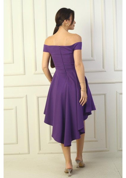 Kadın Madonna Yaka Ön Kısa Arka Uzun Astarlı Kloş Krep Kısa Elbise fırsatları