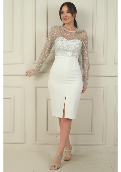 Kadın Üstü Tül Yaprak Flok Baskılı Kemerli Kısa Krep Elbise