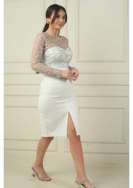 Kadın Üstü Tül Yaprak Flok Baskılı Kemerli Kısa Krep Elbise modelleri