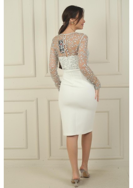 Kadın Üstü Tül Yaprak Flok Baskılı Kemerli Kısa Krep Elbise fırsatları