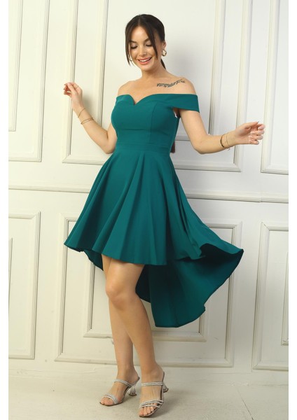 Kadın Madonna Yaka Ön Kısa Arka Uzun Astarlı Kloş Krep Kısa Elbise fiyatları