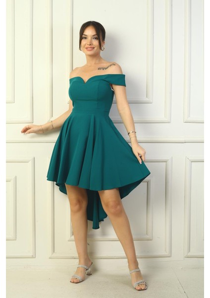 Kadın Madonna Yaka Ön Kısa Arka Uzun Astarlı Kloş Krep Kısa Elbise modelleri