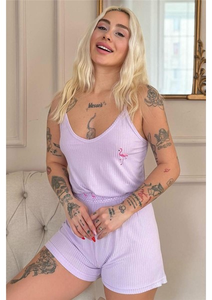 Lila Flamingo Chic Desenli Örme Ip Askı Şortlu Kadın Pijama Takımı