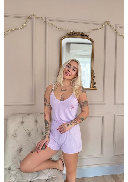 Lila Flamingo Chic Desenli Örme Ip Askı Şortlu Kadın Pijama Takımı fiyatları
