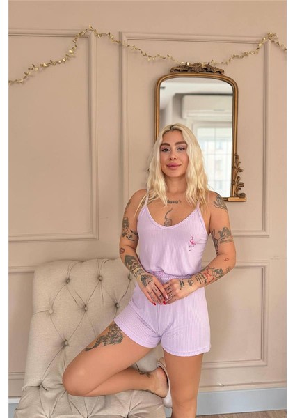Lila Flamingo Chic Desenli Örme Ip Askı Şortlu Kadın Pijama Takımı modelleri