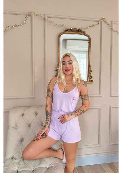 Lila Flamingo Chic Desenli Örme Ip Askı Şortlu Kadın Pijama Takımı fırsatları