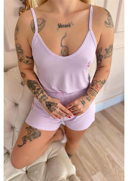 Lila Flamingo Chic Desenli Örme Ip Askı Şortlu Kadın Pijama Takımı indirimleri