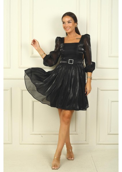 Kadın Kare Yaka Uzun Kollu Beli Kemerli Pileli Organze Kısa Elbise