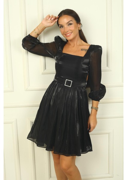 Kadın Kare Yaka Uzun Kollu Beli Kemerli Pileli Organze Kısa Elbise fiyatları