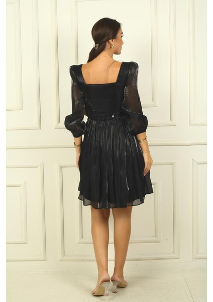 Kadın Kare Yaka Uzun Kollu Beli Kemerli Pileli Organze Kısa Elbise fırsatları