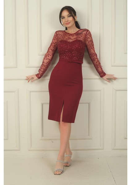 Kadın Üstü Tül Yaprak Flok Baskılı Kemerli Kısa Krep Elbise