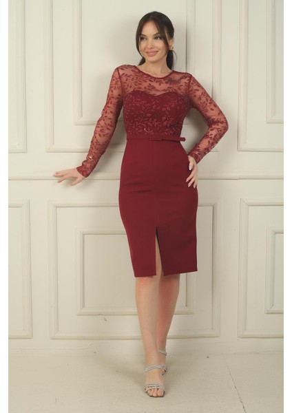 Kadın Üstü Tül Yaprak Flok Baskılı Kemerli Kısa Krep Elbise fiyatları