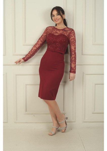 Kadın Üstü Tül Yaprak Flok Baskılı Kemerli Kısa Krep Elbise modelleri