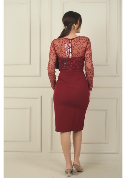 Kadın Üstü Tül Yaprak Flok Baskılı Kemerli Kısa Krep Elbise fırsatları