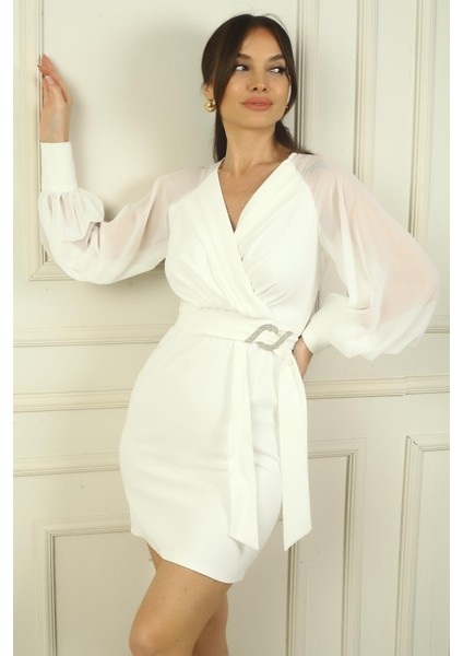 Kadın Kruvaze Yaka Şifon Kollu Önü Büzgülü Kuşaklı Krep Kısa Elbise