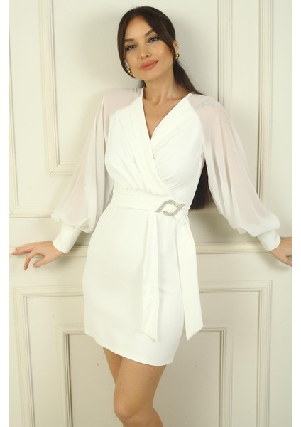 Kadın Kruvaze Yaka Şifon Kollu Önü Büzgülü Kuşaklı Krep Kısa Elbise fiyatları