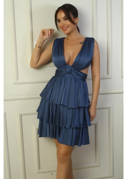 Kadın Ön Arka V Yaka Bel Dekolteli Astarlı Katlı Saten Kısa Elbise fiyatları