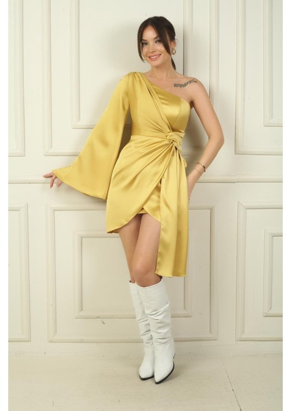 Kadın Ispanyol Tek Kollu Beli Düğümlü Astarlı Saten Kısa Elbise