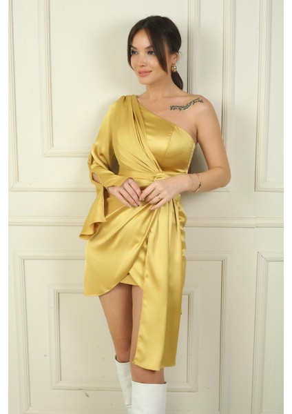 Kadın Ispanyol Tek Kollu Beli Düğümlü Astarlı Saten Kısa Elbise fiyatları