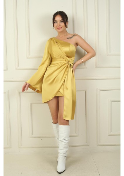 Kadın Ispanyol Tek Kollu Beli Düğümlü Astarlı Saten Kısa Elbise modelleri