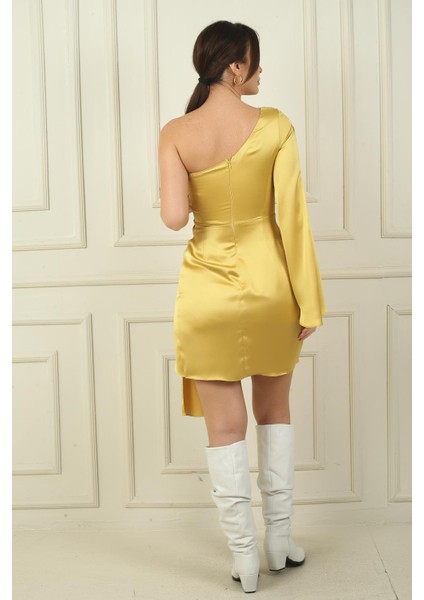 Kadın Ispanyol Tek Kollu Beli Düğümlü Astarlı Saten Kısa Elbise fırsatları