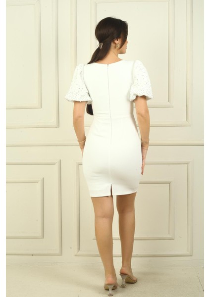 Kadın Kolları Balon Taşlı Astarlı Kısa Elbise fırsatları