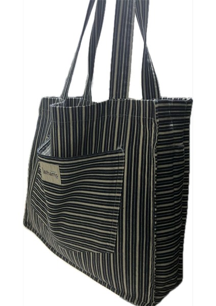 Çizgili ve Cep Detaylı Kot Denim Çanta