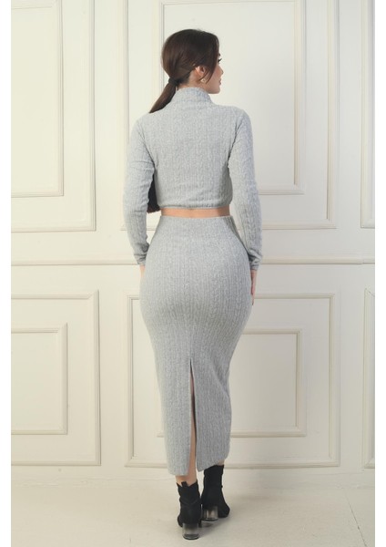 Kadın Balıkçı Yaka Crop Bluz Beli Lastikli Yırtmaçlı Etek 2'li Takım fırsatları