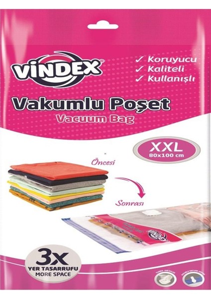 Vakumlu Poşet XXL 80x100 cm, şeffaf ve pembe, dayanıklı plastik materyal, 1 adet