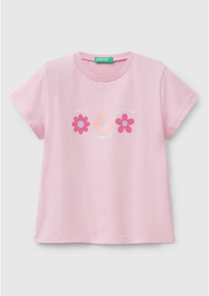 Kız Çocuk Pembe Simli Benetton Logo Baskılı T-Shirt