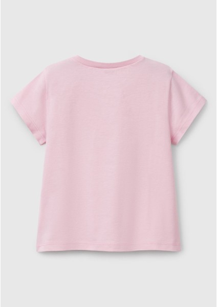 Kız Çocuk Pembe Simli Benetton Logo Baskılı T-Shirt