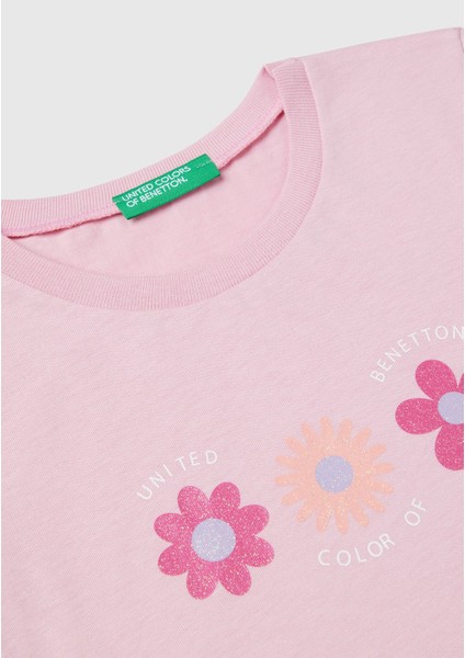 Kız Çocuk Pembe Simli Benetton Logo Baskılı T-Shirt