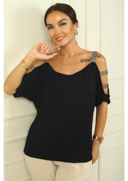 Kadın Kolu Taş Şerit Dekolteli Rahat Kalıp Bluz
