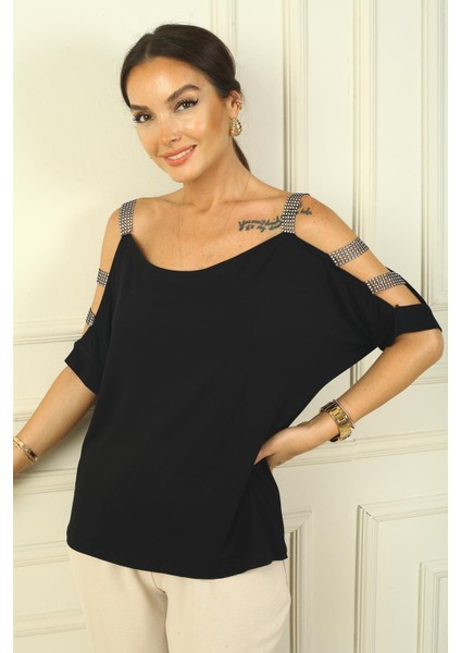 Kadın Kolu Taş Şerit Dekolteli Rahat Kalıp Bluz fiyatları