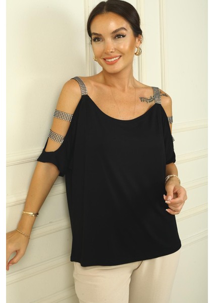 Kadın Kolu Taş Şerit Dekolteli Rahat Kalıp Bluz modelleri