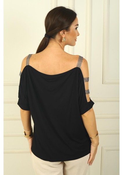 Kadın Kolu Taş Şerit Dekolteli Rahat Kalıp Bluz fırsatları