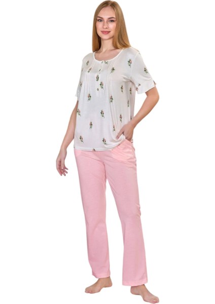 25674 Kadın Viskon Kumaş Gül Desen Kısa Kol Gül Desen Pijama Takımı (Geniş Beden Aralığı)