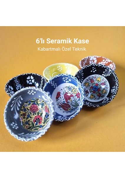 6’lı Çini Motifli Seramik Kase Sunumluk & Çerezlik %100 El Yapımı Kabartma Tekniği